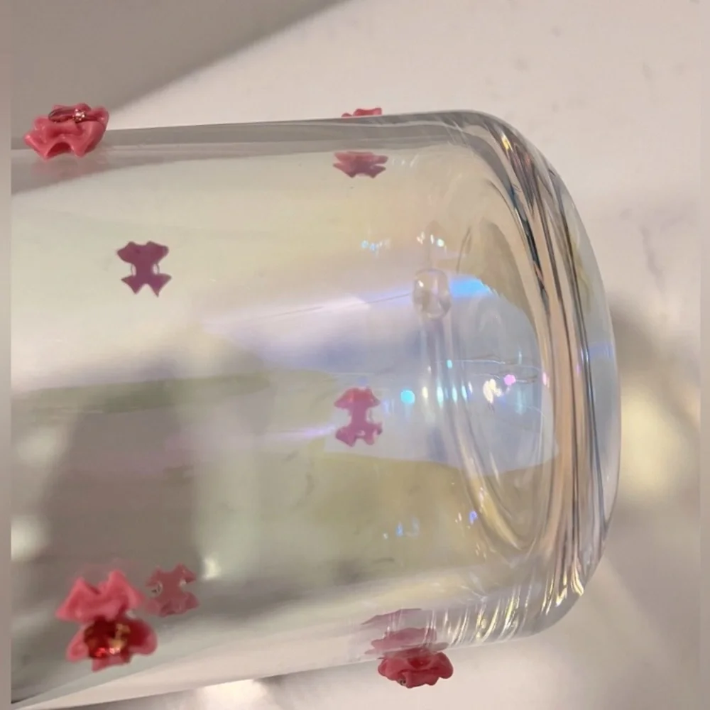 Pink Bow Glass Tumbler Cup Coquette Aesthetic Wooden Lid Handcrafted NWOT